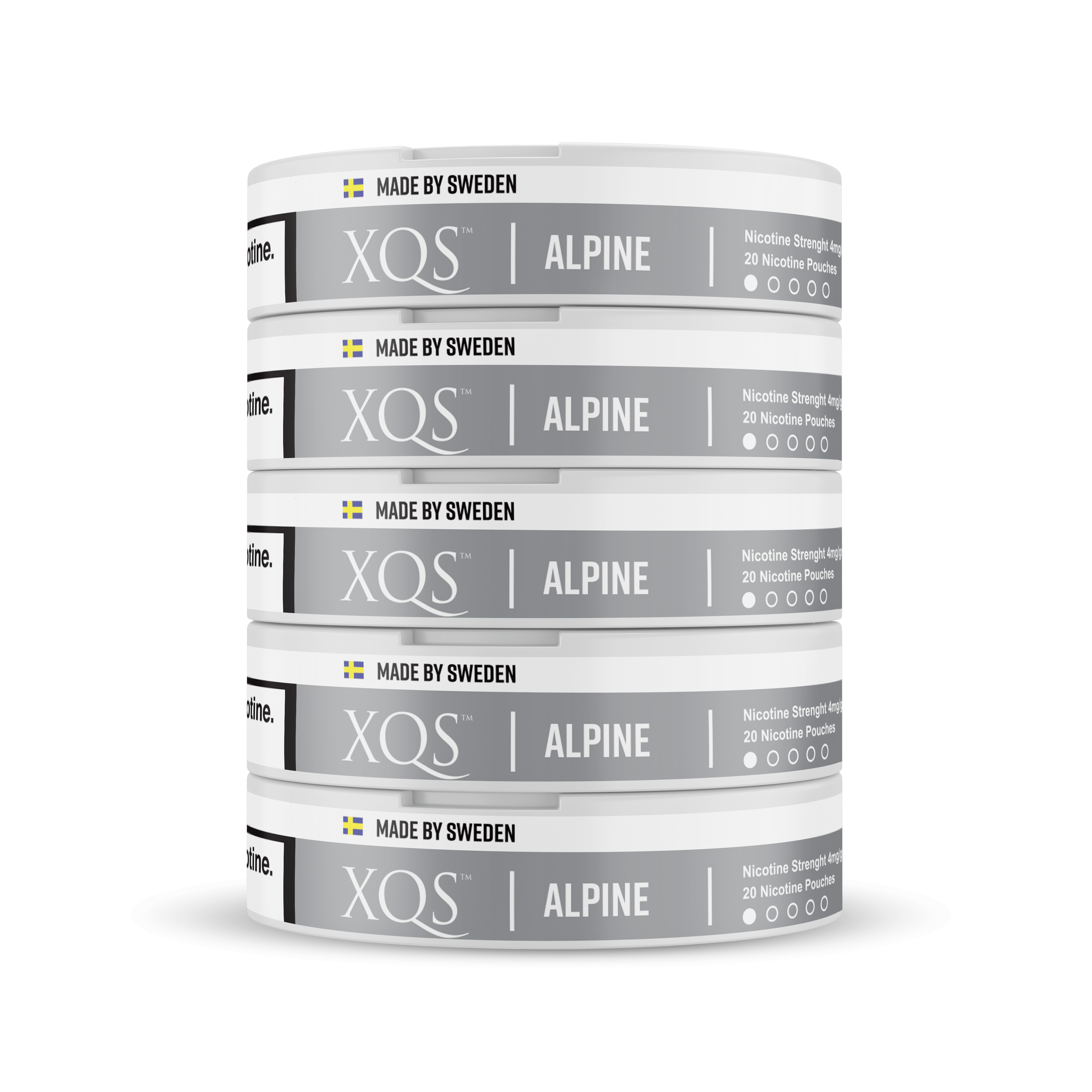 Stack of XQS Alpine nicotine pouches on a white background