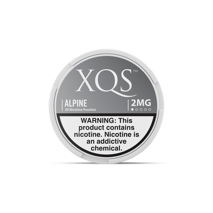 XQS Alpine 2MG nicotine pouch container with warning label on a white background