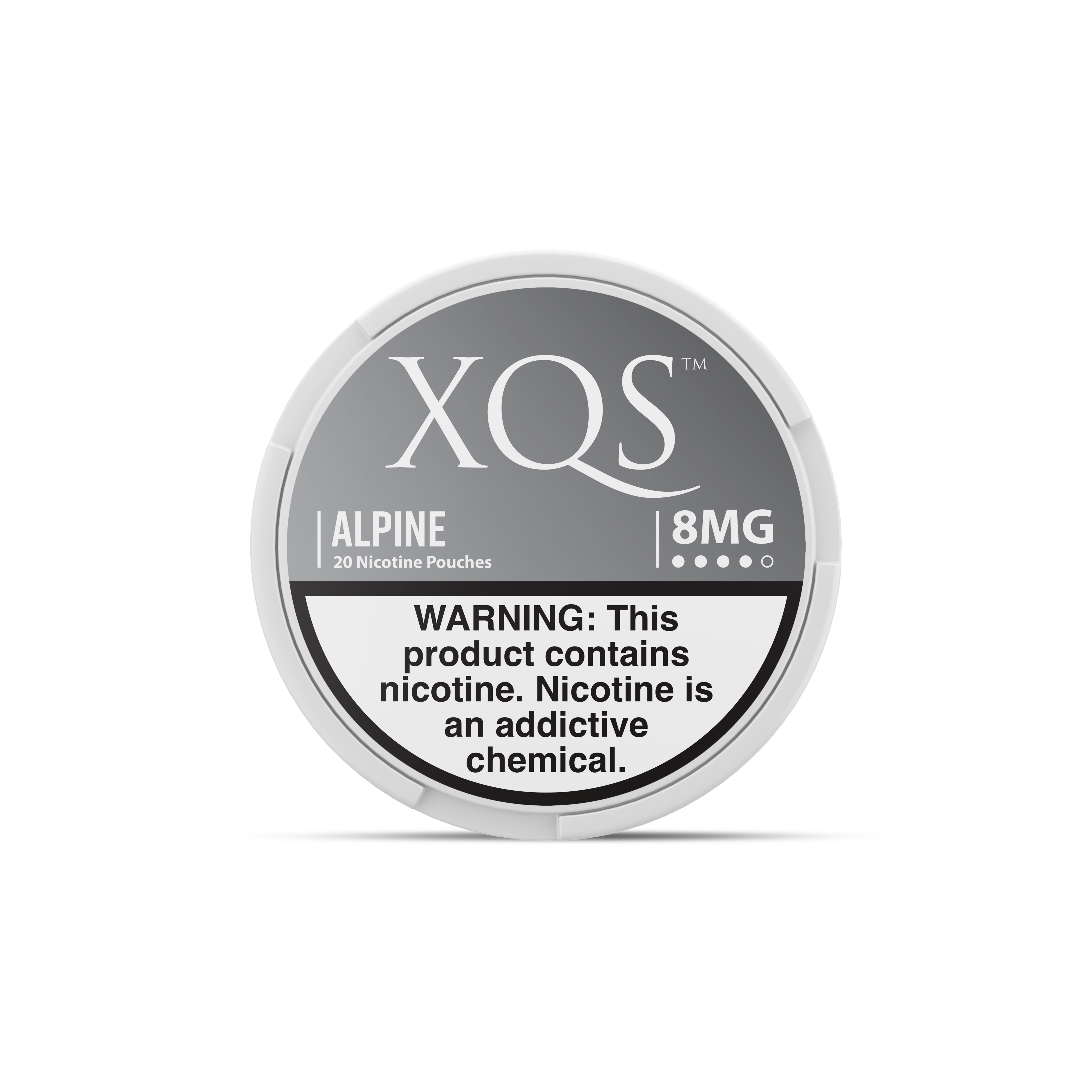 XQS Alpine 8MG nicotine pouch container with warning label on a white background