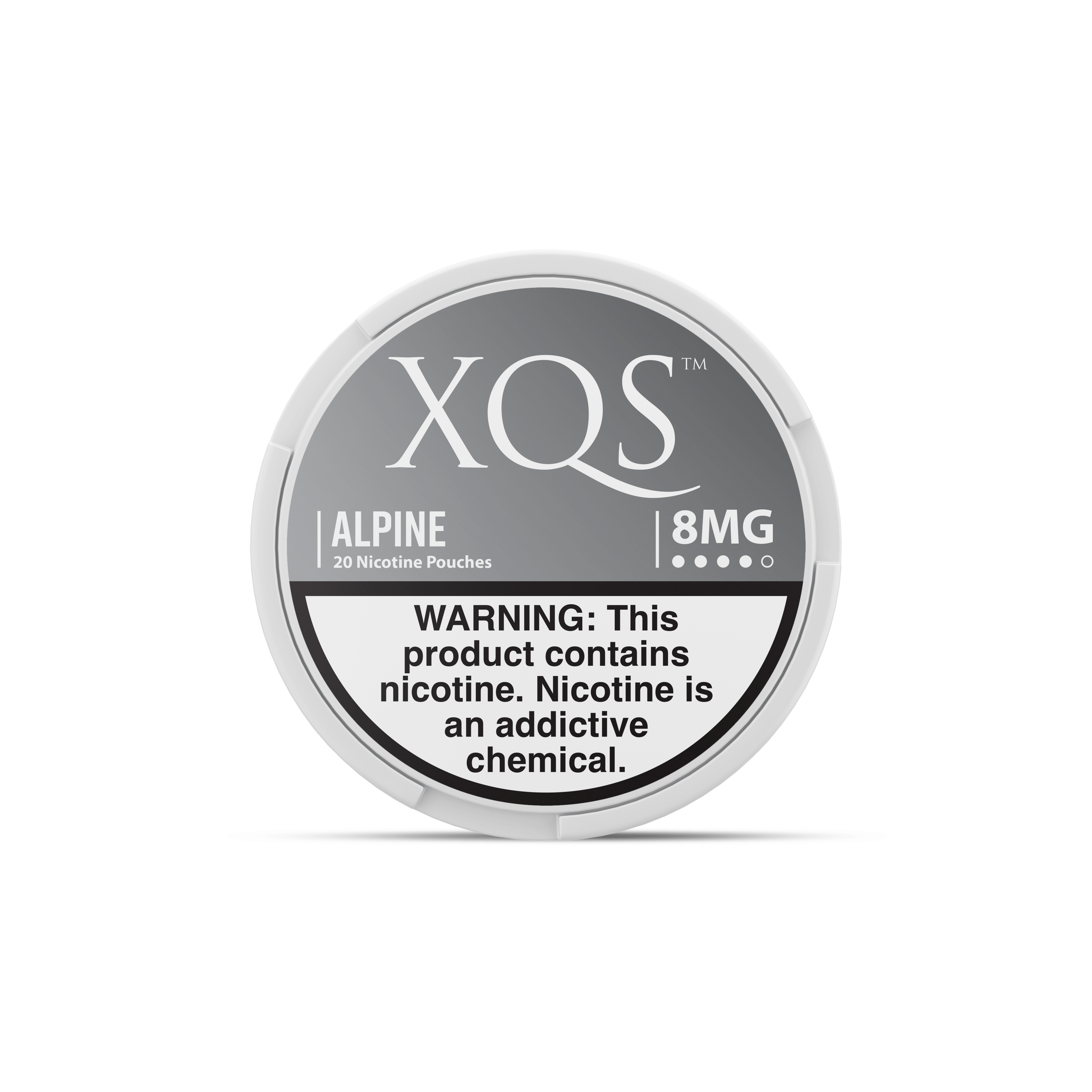 XQS Alpine 8MG nicotine pouch container with warning label on a white background