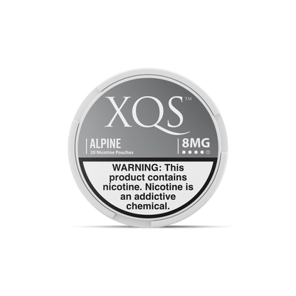 XQS Alpine 8MG nicotine pouch container with warning label on a white background